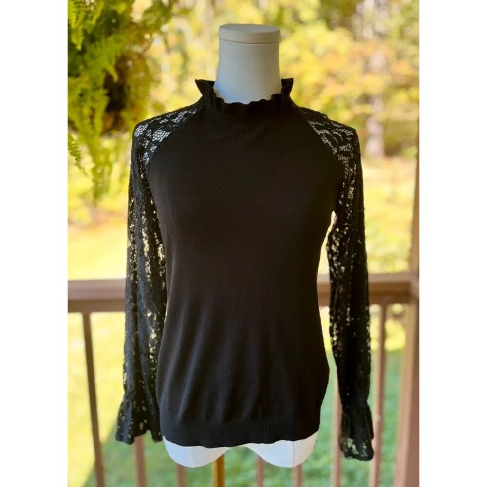 Adrianna Papell XS Black Lace Sleeve Ruffle Mock Neck Sweater